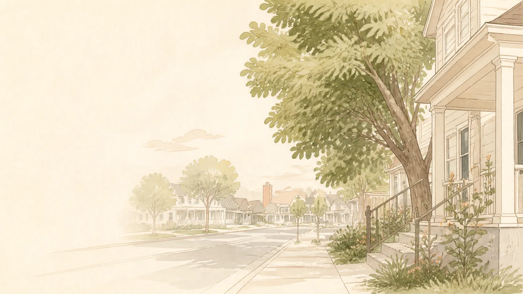 A welcoming neighborhood street with mature trees and a front porch.